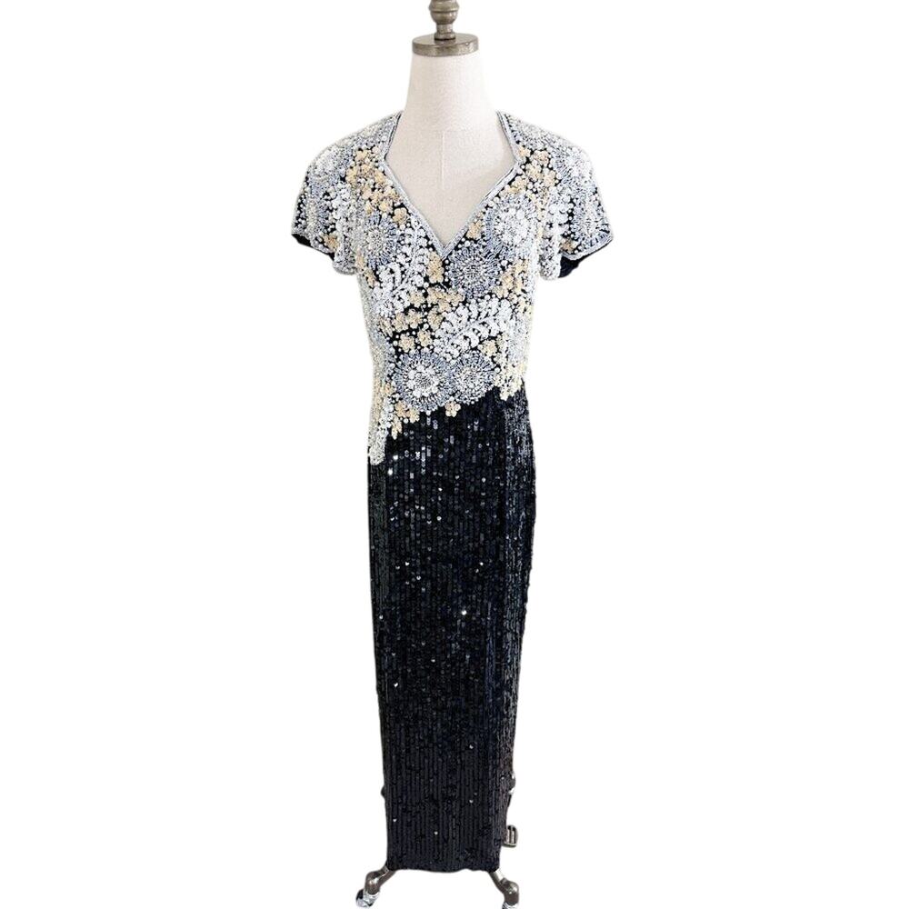 Vtg 90s Nite Line Black & White All Over Beaded Full Length Evening Gown Size S